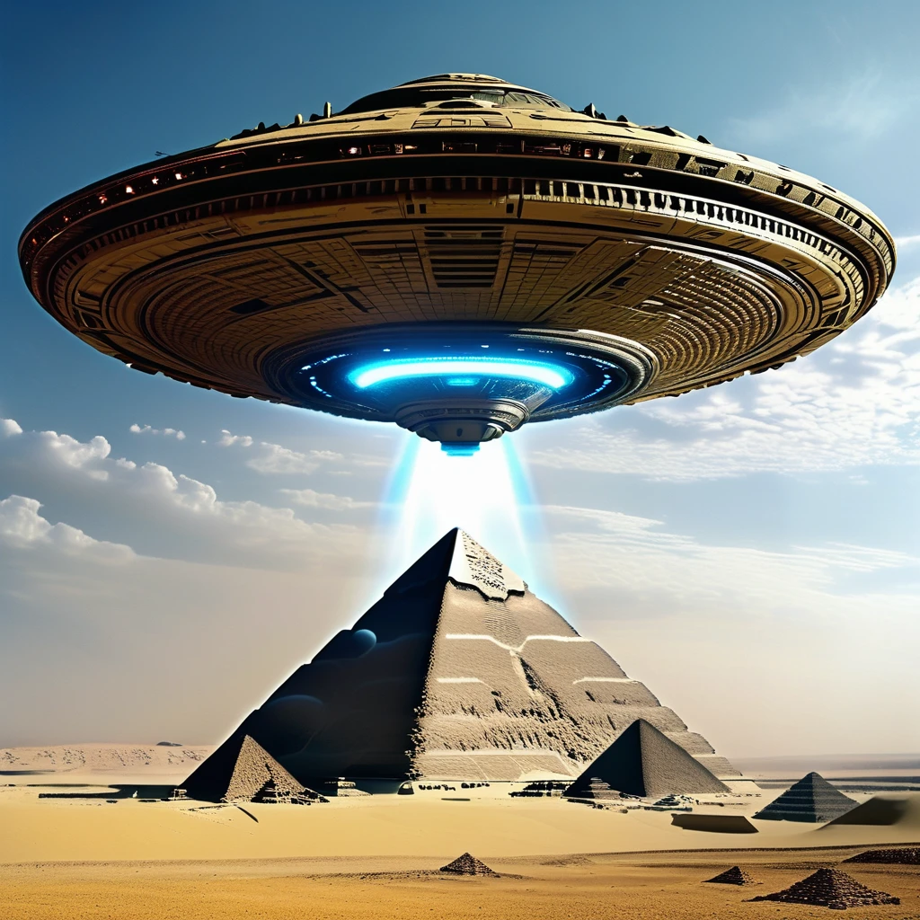 ((UFO extraterrestrial spaceship:1.3))(Huge ship, Immensely Large ship, Mothership.)((Giant UFO)(Alien ship type: Independence Day movie.)). ((UFO alien ship: "erecting a Pyramid" in Egypt using Extraterrestrial Technology)).(Ufo using Future Technology assembling Pyramid)cinematic setting.((erecting block by block))((Unfinished pyramids: blocks scattered on the ground ))((Erecting Egyptian Pyramid))((3500B.C.))((Mixture of Future and Antiquity))8k. photorealistic. super detailed. Intricate Details, Masterpiece.