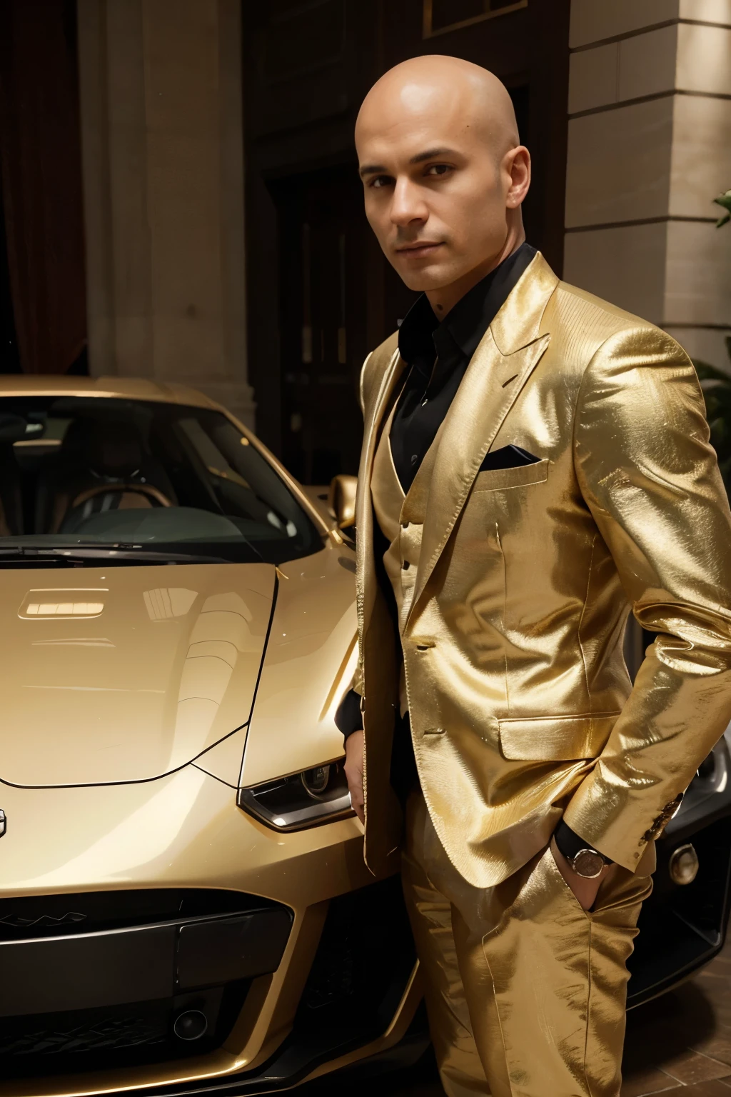 A man with very, very short hair, not bald, dressed in a gold suit with gold jewelry, standing by a supercar, looking straight at the camera from the front angle. Top quality, masterpiece, ultra high definition