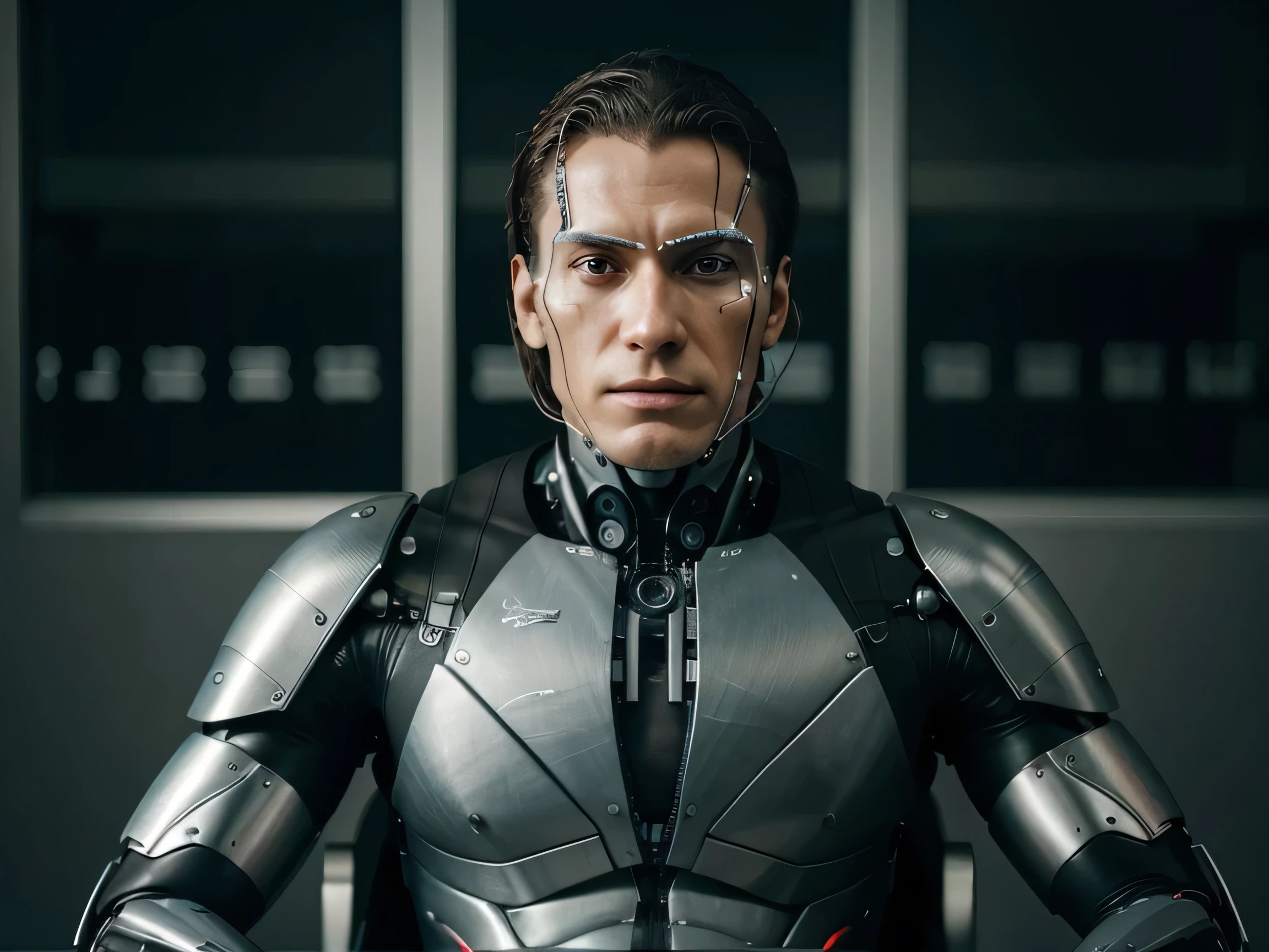 "Por favor, generate an image of a lawyer with a cyborg appearance. He must be dressed in a classic suit, but with robotic parts visible on his face. Robotic parts must be realistically integrated, as if they were implants or prosthetics. The lawyer&#39;s facial expression should reflect confidence and determination, enquanto sua postura deve transmitir profissionalismo e autoridade. Por favor, make sure the image has a clear, detailed quality. terno, terno