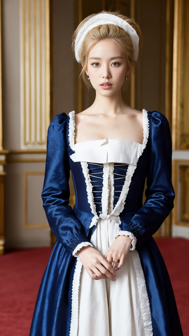 Marie Antoinette、Wear colorful clothes、Open chest、I'm not wearing anything underneath、See-through、Full Body Shot、20th Ayaka、NiziU AYAKA、 4K、1People Women、slender、 Loose, wavy styling 、Fascinating and attractive、Including the texture of the face and skin.,Detailed eyes