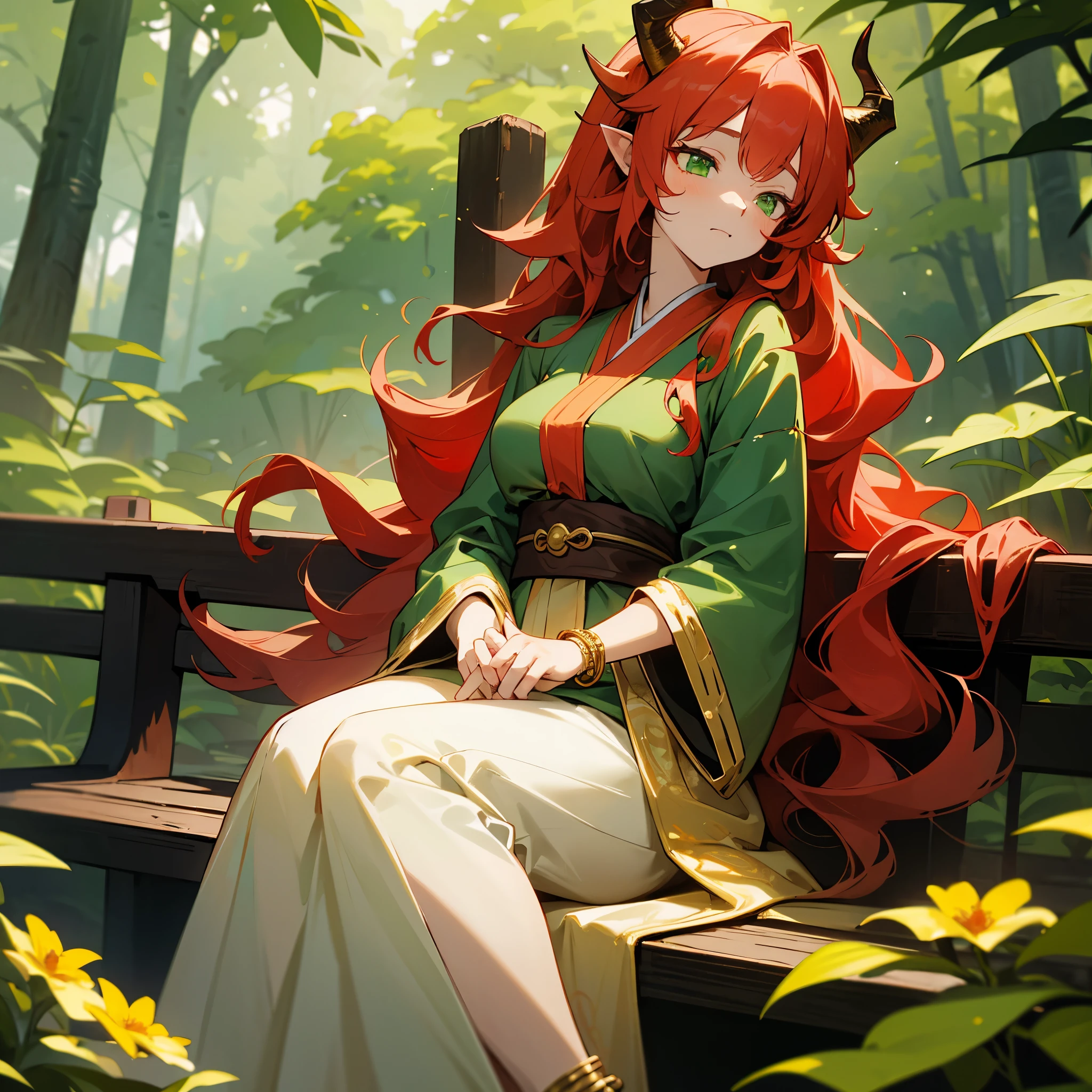 1female, adult, medium breast, dragon horns, finely detailed green eyes, wavy long hair, bright red hair, loose haori, long baggy sleeves, gold bracelet, gold anklets, casual clothing, grotto forest, sitting on bench, flowers, calm expression, masterpiece quality, perfect quality, sexy