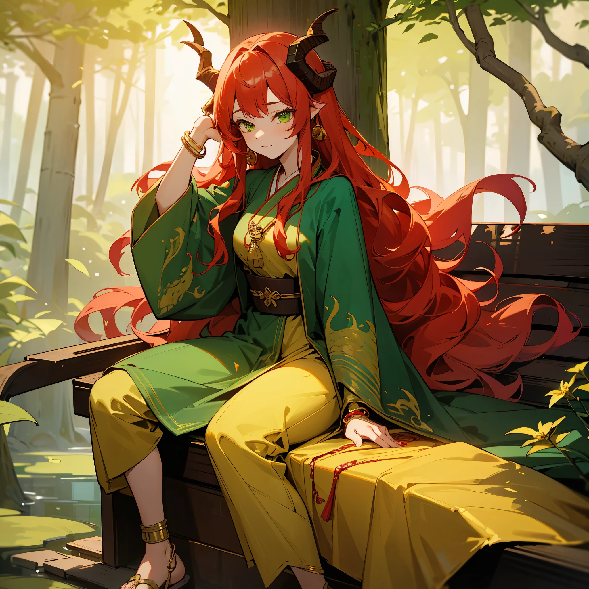 1female, adult, medium breast, dragon horns, finely detailed green eyes, wavy long hair, bright red hair, loose haori, long baggy sleeves, gold bracelet, gold anklets, casual clothing, grotto forest, sitting on bench, flowers, calm expression, masterpiece quality, perfect quality, sexy