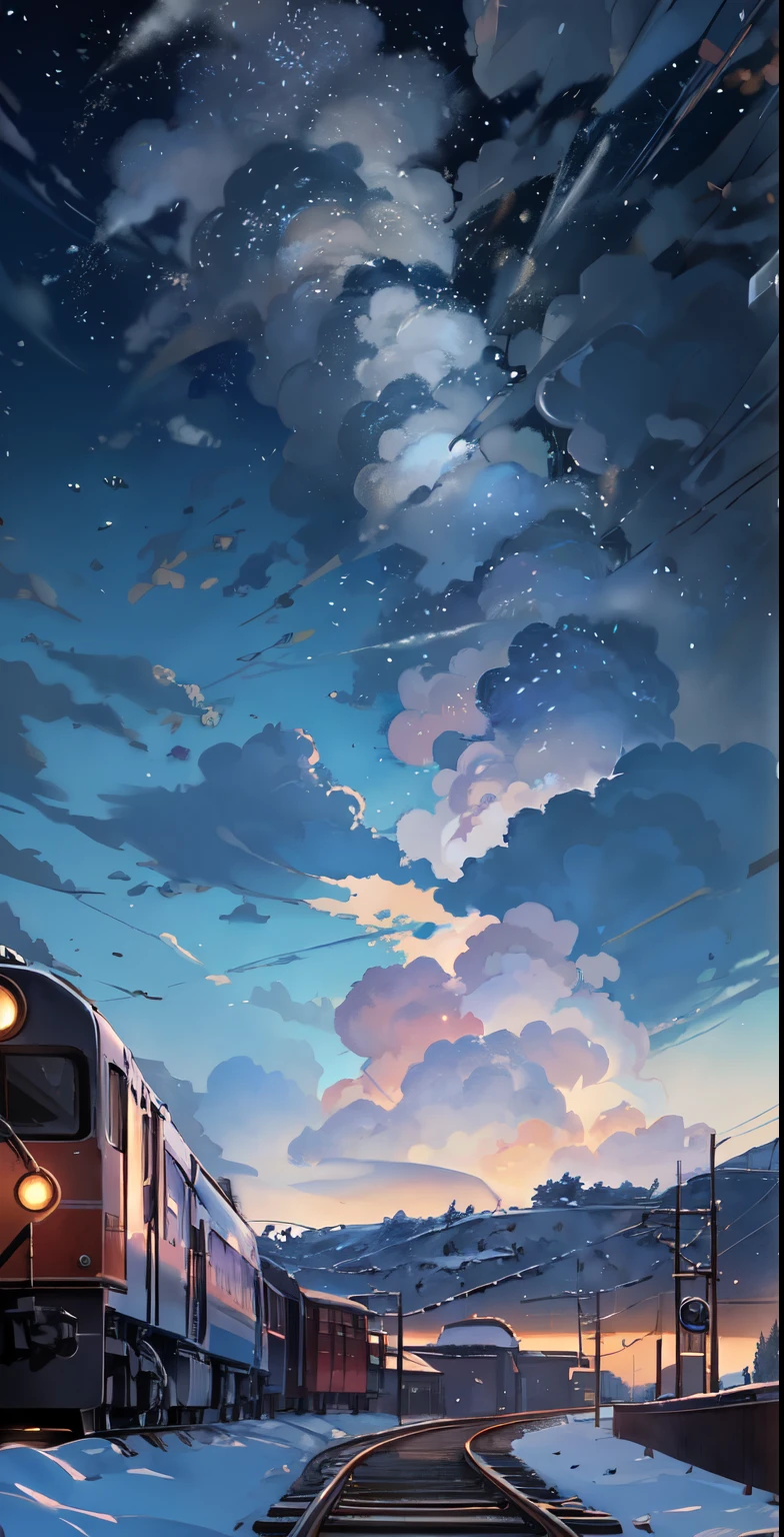 Il y a un train qui court le long des voies dans la neige, Makoto Shinkai&#39;l&#39;art conceptuel, tumblr, magical realism, beautiful scenes d&#39;anime, ciel cosmique. by Makoto Shinkai, ( ( Makoto Shinkai ) ), animated background art, animated backgrounds, Makoto Shinkai&#39;le style, movie backgrounds&#39;animation, galaxie express, pas d&#39;humains.