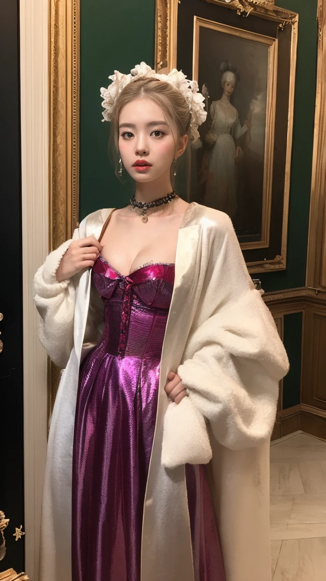 Marie Antoinette、Wear colorful clothes、Open chest、I'm not wearing anything underneath、See-through、Full Body Shot、20th Ayaka、NiziU AYAKA、 4K、1People Women、slender、 Loose, wavy styling 、Fascinating and attractive、Including the texture of the face and skin.,Detailed eyes