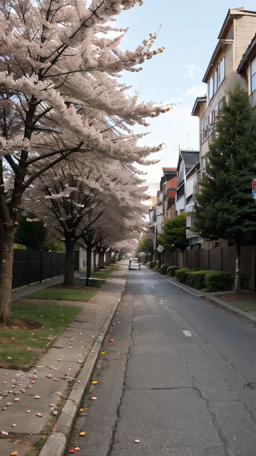 Street, red, detailed background, trees, cherry trees