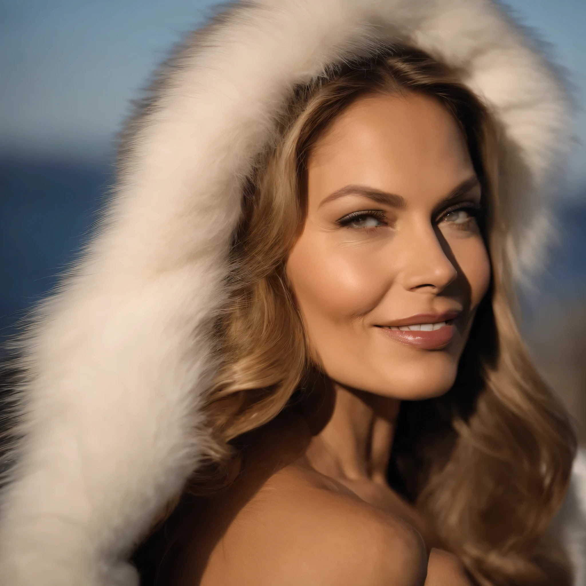Very long white faux fur coat, ultra thick and silky with huge fur hood, enveloppant la jeune Bo Derek , completely naked, with very big voluminous breasts, bien visibles, the nipples are pointed and large and the areolas are extremely well shaped , elle est souriante et provoquante, lying in the snow with her legs apart revealing her privacy