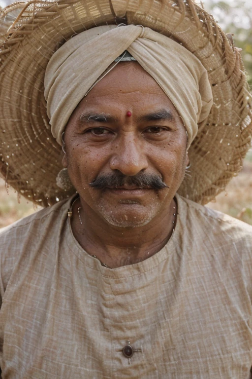 50 year old indian farmer portrait image, face up to chest, weathered face with deep wrinkles, traditional turban and mustache, vivid and detailed expression, sunlit field with crops behind, golden hour lighting, capturing resilience and pride, Photography, Canon EOS R5 with 85mm f/1.2 lens, --ar 9:16 --v 5