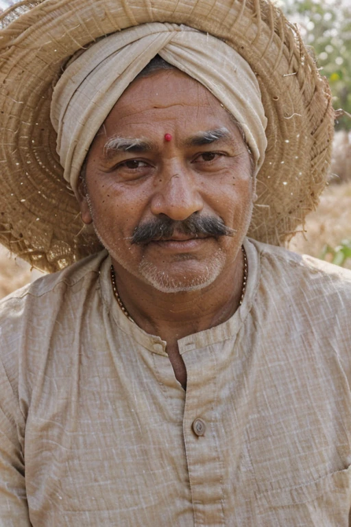 50 year old indian farmer portrait image, face up to chest, weathered face with deep wrinkles, traditional turban and mustache, vivid and detailed expression, sunlit field with crops behind, golden hour lighting, capturing resilience and pride, Photography, Canon EOS R5 with 85mm f/1.2 lens, --ar 9:16 --v 5