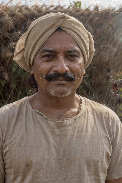 50 year old indian farmer portrait image, face up to chest, weathered face with deep wrinkles, traditional turban and mustache, vivid and detailed expression, sunlit field with crops behind, golden hour lighting, capturing resilience and pride, Photography, Canon EOS R5 with 85mm f/1.2 lens, --ar 9:16 --v 5