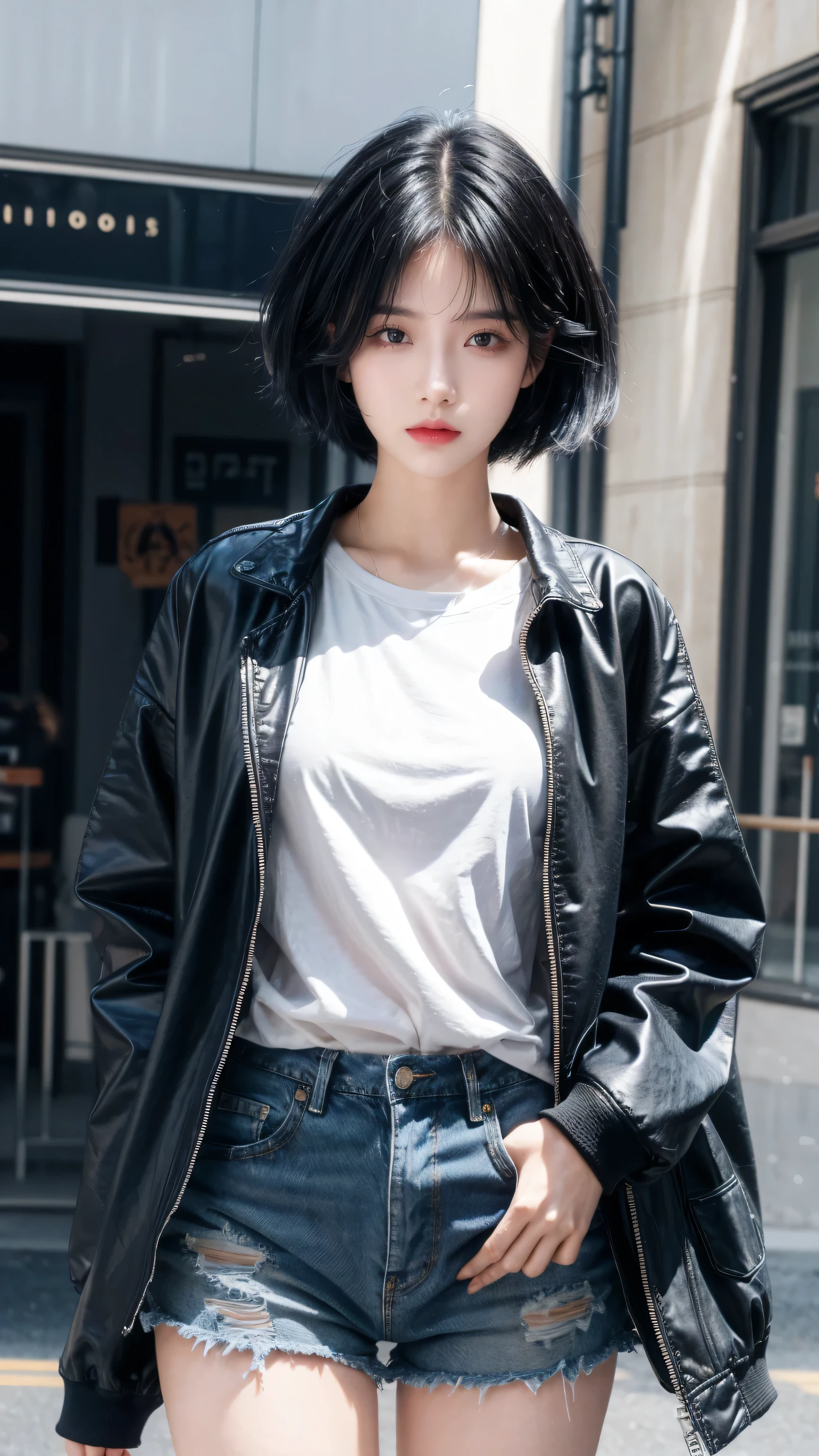 best quality, 1 Girl, dark blue hair, black eyes, Very short hair, Spiky hair, oversize t-shirt, jacket, High waist short jeans, 171 cm, Messy hair, Hair between the eyes, Medium breasts, full, Tomboy, aldult, 20 years old, 1 Girl