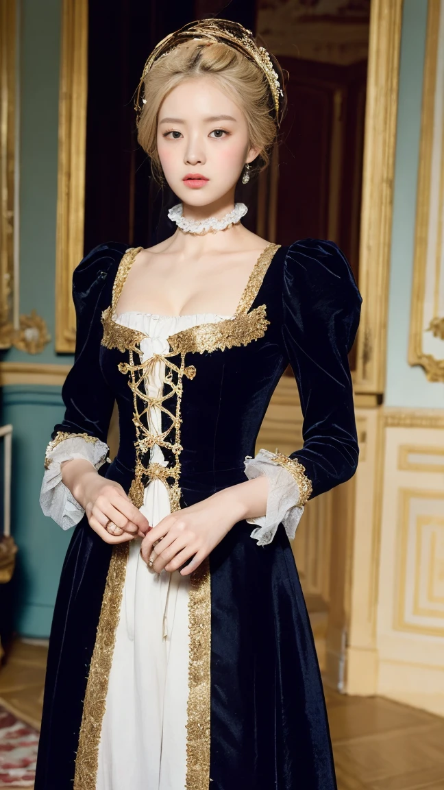 Marie Antoinette、Wear colorful, extravagant clothing、Open chest、I'm not wearing anything underneath、See-through、Legs wide open、Full Body Shot、20th Ayaka、NiziU AYAKA、 4K、1People Women、slender、 Loose, wavy styling 、Fascinating and attractive、Including the texture of the face and skin.,Detailed eyes