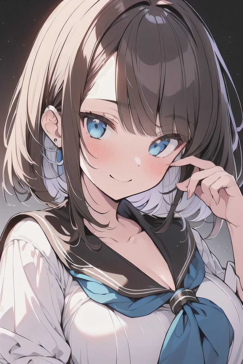 (best quality), (Super detailed), (Best Illustration), (masterpiece), score_9, score_8_up, score_7_up, masterpiece, insane detail, 4k,
(woman), hand in own hair, {(white serafuku:1.2)}, (large breasts:1.2), {brown hair, (sideburns), (bob cut:1.3), curly hair, hairs between eyes, colored inner hair}, {(detailed eyes), blue eyes}, seductive smile, blush, earring, wind, white background