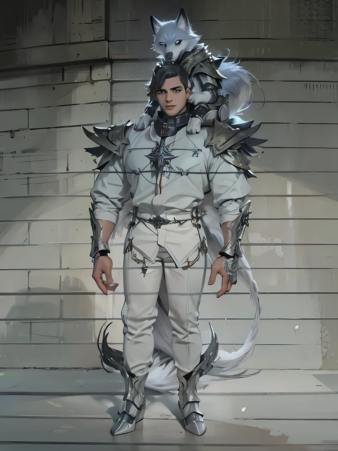 Homem moreno olhos castanhos claro cabelo branco topete , wolves on shoulders futuristic and technological armor