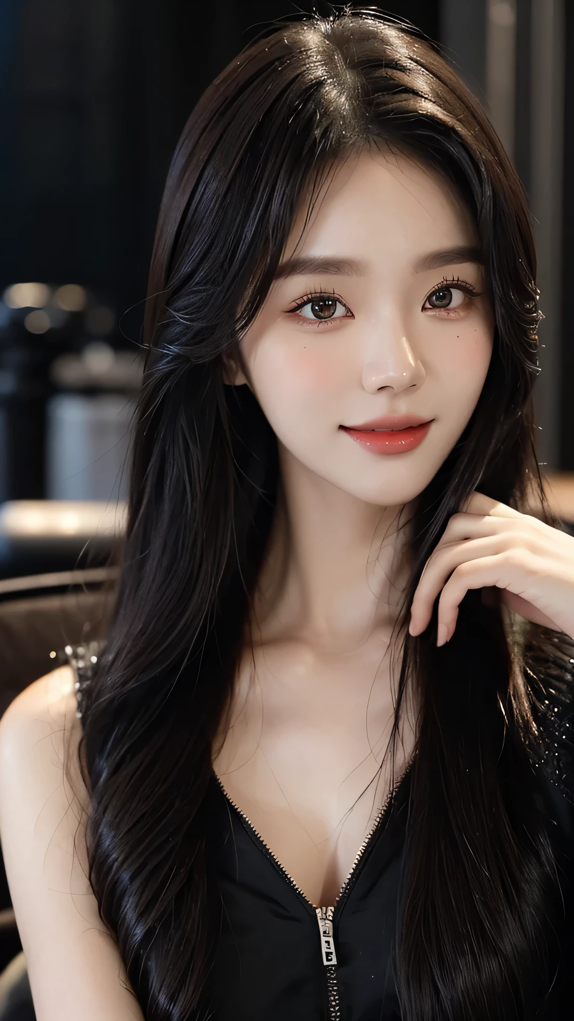 masterpiece、top-quality)、1 beautiful girl、((Wearing black sunglasses )), (Detailed beautiful eyes), ((Detailed skin)) , ((Detailed medium hair)), inside the black villa、((Boyish Brown Medium Hair))、((Smaller face))、((Neutral face))、((Face seen from the side))、((Light brown eyes))、((Korean Girl))、((18year old))、((cool lady))、((A shy smile on his face))、((Korean Makeup))、((elongated and sharp eyes))、((Happy dating))、((boyish))、((Shot from the same height as your face)、inside the black villa ), ((CG rendering)), ((Blurred background)), ((16K)), ((Very detailed)), ((wallpaper)), ((depth of field))