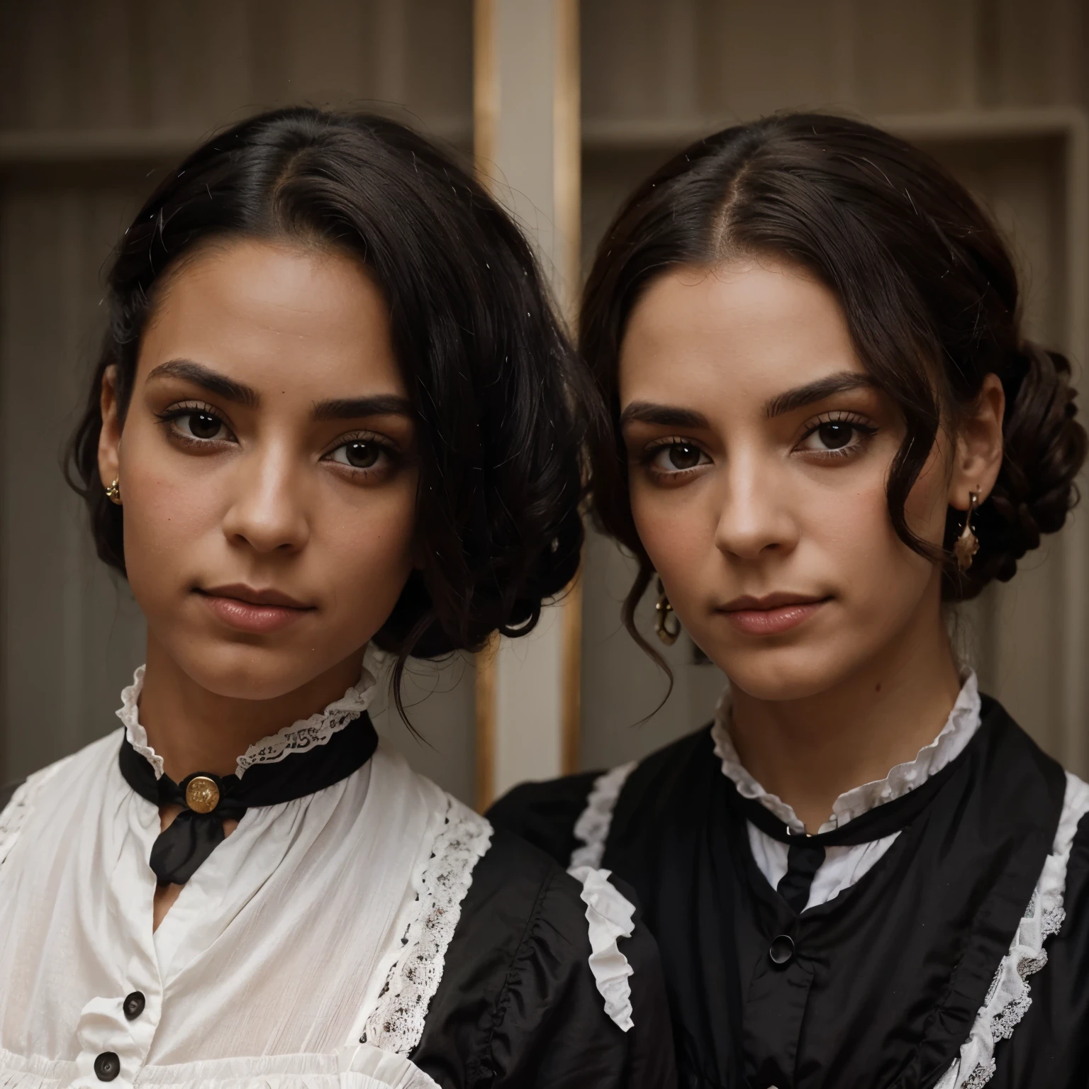 Gemelos de pelo negro corto hasta los hombros y ojos de color rojo, in Victorian era clothing