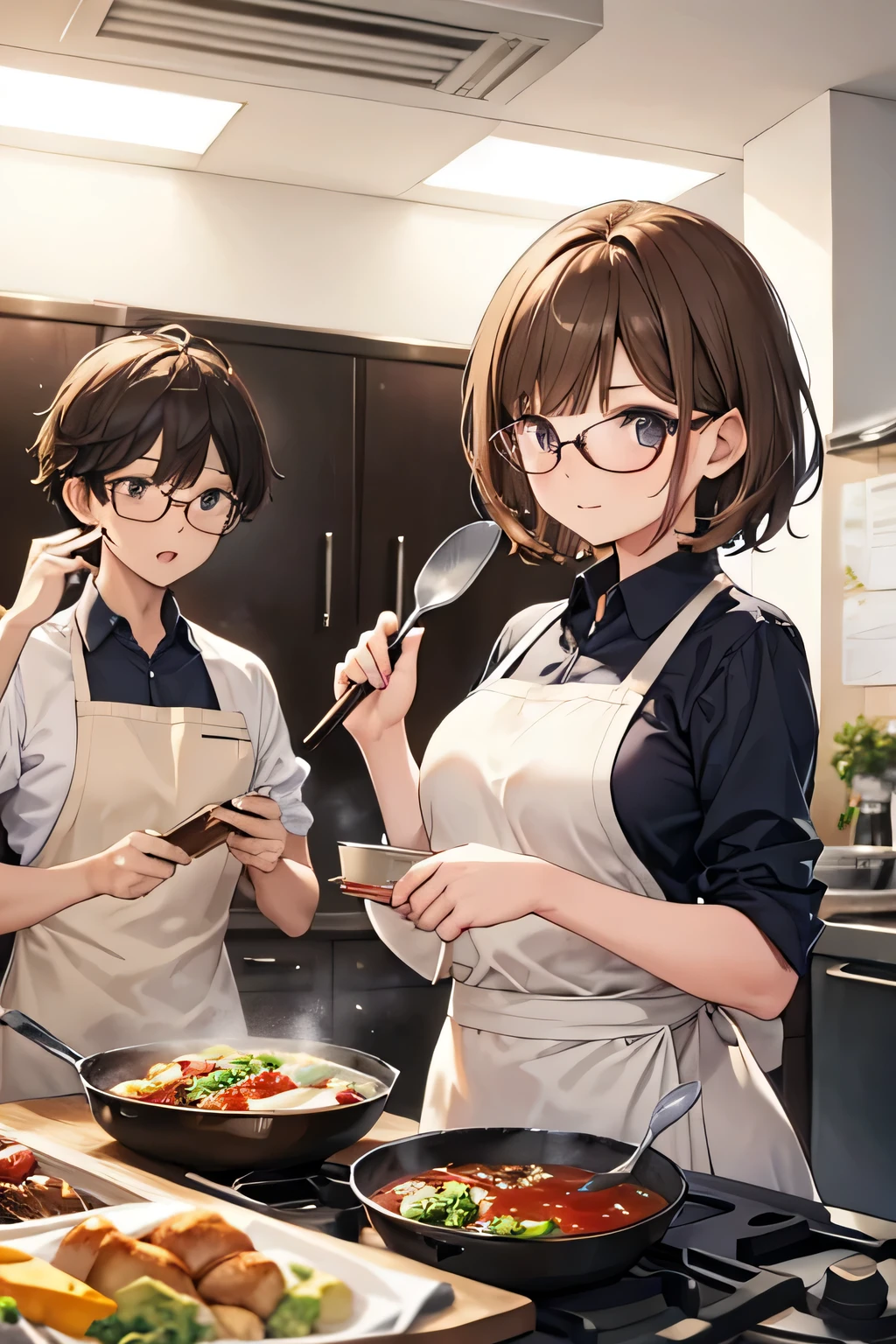 girl, short brown hair, glasses, cooking class with her friends, other students in the background