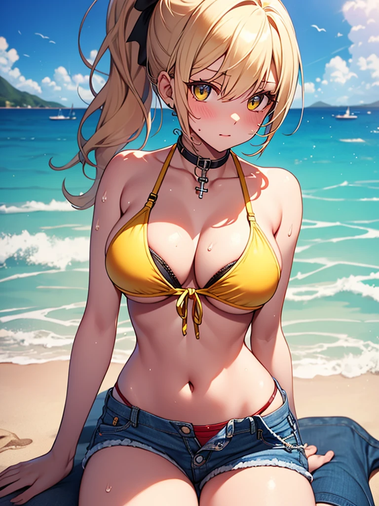 (highest quality, High resolution, perfect pixel, Depth of bounds written, 4K), from above, beach, detailed eyes, (1 lady), tall, (skinny body:1.2) , (thin thighs:1.2), (Narrow hips:1.2), medium , blond hair, (ponytail:1.2), (yellow Short pants bikini:1.2), (unbutton:1.3), (cross halter bikini), (rio cut pants), (panty s1.3), (denim short panty pull),iza:1.5), (breast hold), (clce), sweat,