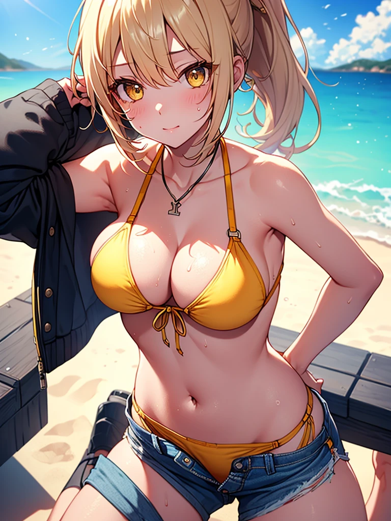 (highest quality, High resolution, perfect pixel, Depth of bounds written, 4K), from above, beach, detailed eyes, (1 lady), tall, (skinny body:1.2) , (thin thighs:1.2), (Narrow hips:1.2), medium breasts, blond hair, (ponytail:1.2), (yellow Short pants bikini:1.2), (unbutton:1.3), (cross halter bikini), (rio cut pants), (panty strap:1.3), (denim short panty pull), (wariza:1.5), (breast hold), (clear face), sweat,