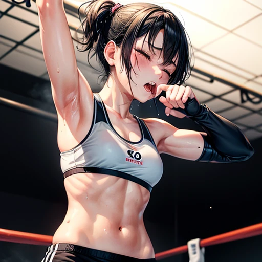 Drenched in sweat. You are competing in a mixed martial arts ring. She is being punched by her opponent. She is bending over with her eyes closed. Cute Japanese high school girl with short-cut black hair. She is out of breath with her mouth open, wearing a sports bra, high-leg shorts, and open finger gloves. Small breasts, poor belly, slender body, poor body.