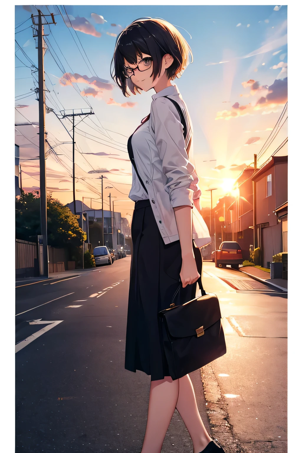 girl,short hair,glasses, walking home,, sunset