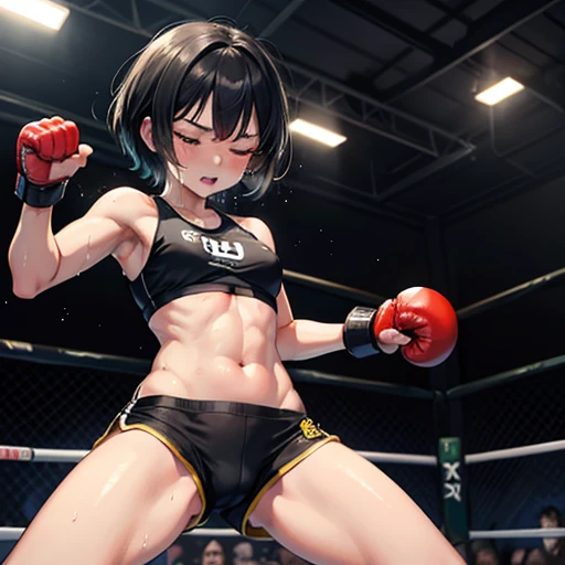 Drenched in sweat. You are competing in a mixed martial arts ring. She is being punched by her opponent. She is bending over with her eyes closed. Cute Japanese high school girl with short-cut black hair. She is out of breath with her mouth open, wearing a sports bra, high-leg shorts, and open finger gloves. Small breasts, poor belly, slender body, poor body.