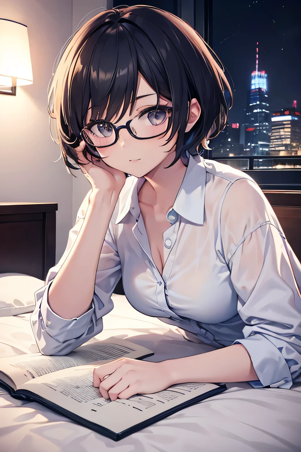 girl,short hair,glasses, laying in bed,looking through phone, night
