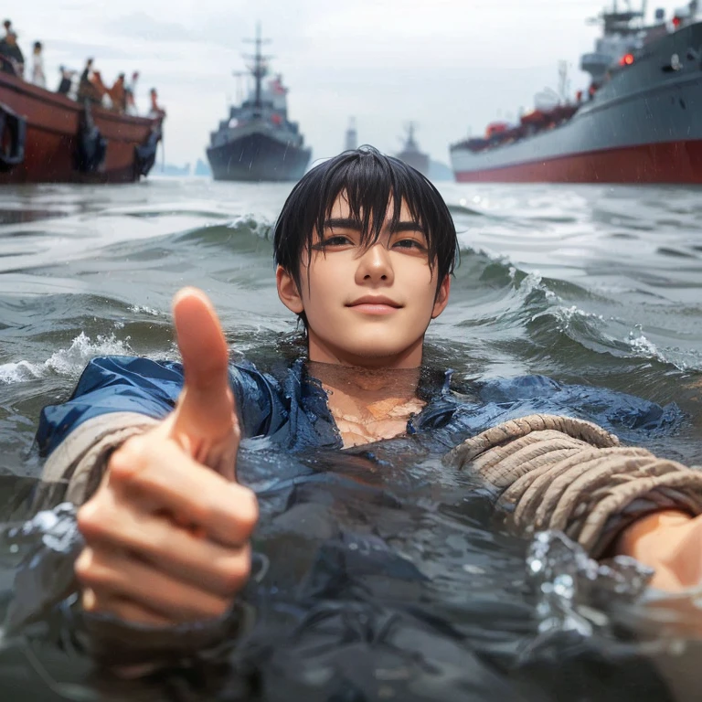 (Best Quality:1.2), (high resolution:1.2), (beautiful face and eye:1.5), (sharpest focus:1.2), (Ultra-realistic Photo:1.2), (Ultra-precise Photo:1.2), (Depth of field:1.2), (8k high resolution:1.2). (perfect anatomy:1.2), 
(nice hands:1.5), (perfect hands:1.5), (One drowning Chinese man:1.2), (Very young and beautiful Chinese man:1.0), (Smiling thumbs up in a state of resignation:1.2), (Looking up angle:1.2), 
(Chinese warrior in very light clothing, beaten up:1.0), (Majestic Chinese river:1.0), (Cynical smile:1.0), (Giant battleship:1.0), (Mars shining reddish-red in the night sky:1.2), 