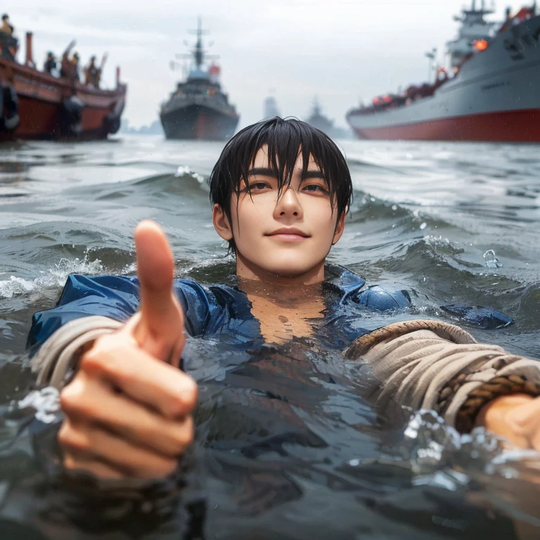 (Best Quality:1.2), (high resolution:1.2), (beautiful face and eye:1.5), (sharpest focus:1.2), (Ultra-realistic Photo:1.2), (Ultra-precise Photo:1.2), (Depth of field:1.2), (8k high resolution:1.2). (perfect anatomy:1.2),
(nice hands:1.5), (perfect hands:1.5), (One drowning Chinese man:1.2), (Very young and beautiful Chinese man:1.0), (Smiling thumbs up in a state of resignation:1.2), (Looking up angle:1.2),
(Chinese warrior in very light clothing, beaten up:1.0), (Majestic Chinese river:1.0), (Cynical smile:1.0), (Giant battleship:1.0), (Mars shining reddish-red in the night sky:1.2),