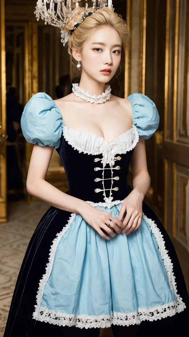 Marie Antoinette、Wear colorful, extravagant clothing、Open chest、I'm not wearing anything underneath、See-through、Full Body Shot、20th Ayaka、NiziU AYAKA、 4K、1People Women、slender、 Loose, wavy styling 、Fascinating and attractive、Including the texture of the face and skin.,Detailed eyes