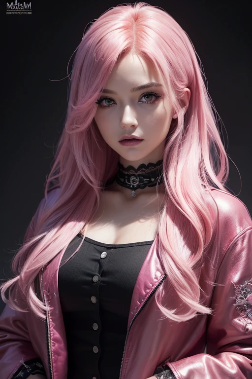 (((medium full shot))), (Masterpiece, photorealistic, photorealism, best quality, ultra-detailed:1.3), (nice hands, perfect hands), official art, cinematic light, (1girl:1.3), adult, pink hair, long hair, bicolored hair, sexy, posing, dark make up, goth look, melody, black shirt, pink jacket