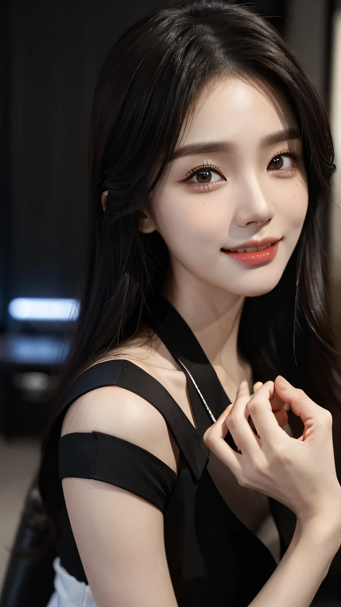 masterpiece、top-quality)、1 beautiful girl、((Wearing black sunglasses )), (Detailed beautiful eyes), ((Detailed skin)) , ((Detailed medium hair)), inside the black villa、((Boyish Brown Medium Hair))、((Smaller face))、((Neutral face))、((Face seen from the side))、((Light brown eyes))、((Korean Girl))、((18year old))、((cool lady))、((A shy smile on his face))、((Korean Makeup))、((elongated and sharp eyes))、((Happy dating))、((boyish))、((Shot from the same height as your face)、inside the black villa ), ((CG rendering)), ((Blurred background)), ((16K)), ((Very detailed)), ((wallpaper)), ((depth of field))