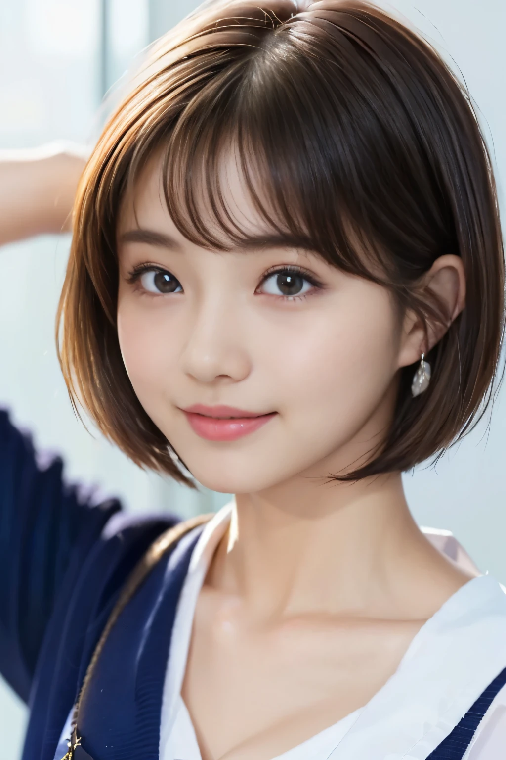 highest quality、shape、 Very detailed、finely、 High resolution、8k wallpaper、完璧なダイナミックな構shape、Beautiful 17 year old girl、A neat and mature high school girl、Beautiful face in every detail、Beautiful eyes in every detail、Smooth Skin、Fine-textured skin、A faint smile、Small breasts、Bold sexy pose、((Schoolgirl uniform、Bobcut、short hair、Tuck hair behind ears:1.4))、((Looking at the audience、smile))、((White Open Shirt、Cleavage:1.3))