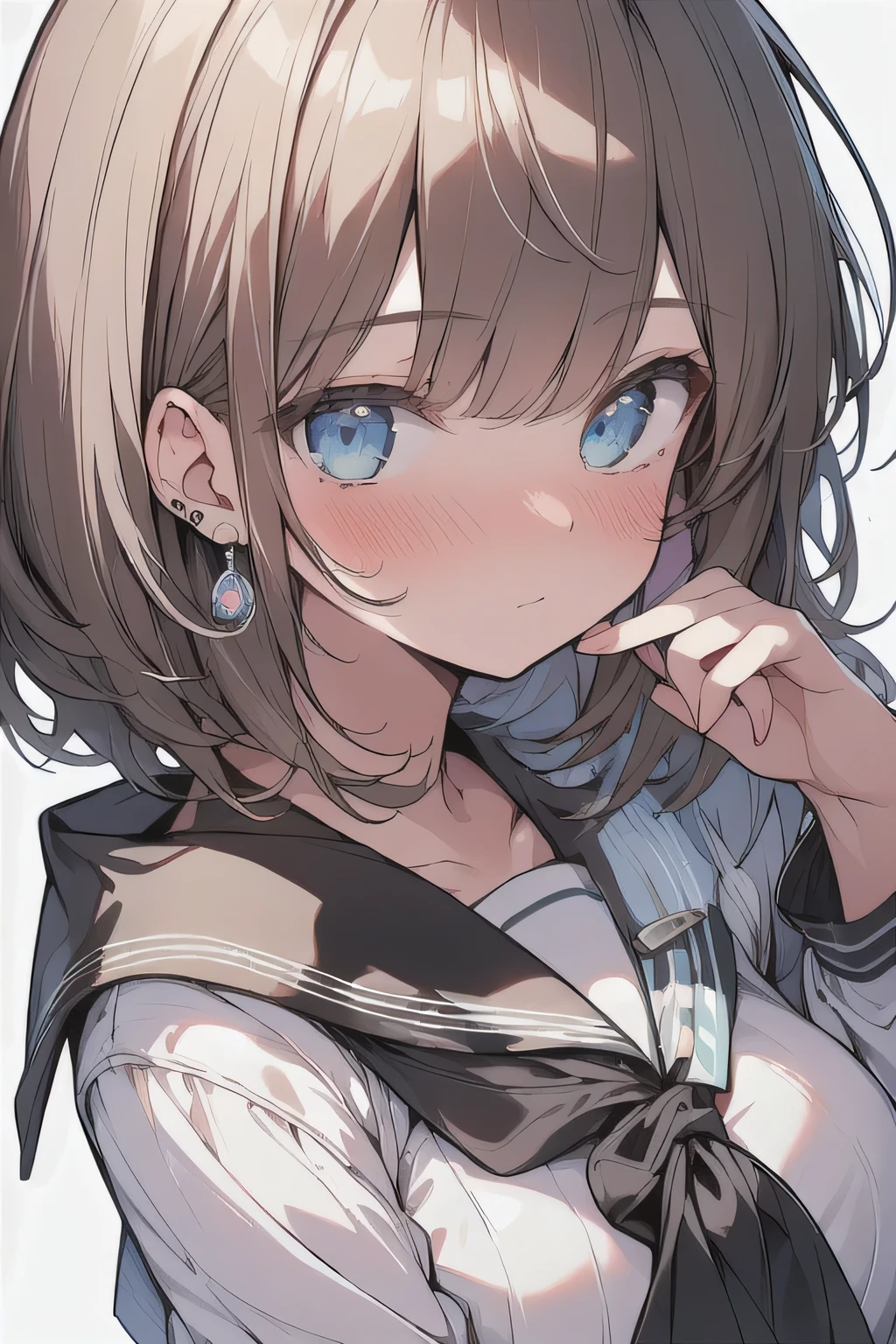 (best quality), (Super detailed), (Best Illustration), (masterpiece), score_9, score_8_up, score_7_up, masterpiece, insane detail, 4k,
(woman), hand in own hair, {(white serafuku:1.2)}, (large breasts:1.2), {brown hair, (sideburns), (bob cut:1.3), curly hair, hairs between eyes, colored inner hair}, {(detailed eyes), blue eyes}, nose blush, earring, wind, white background