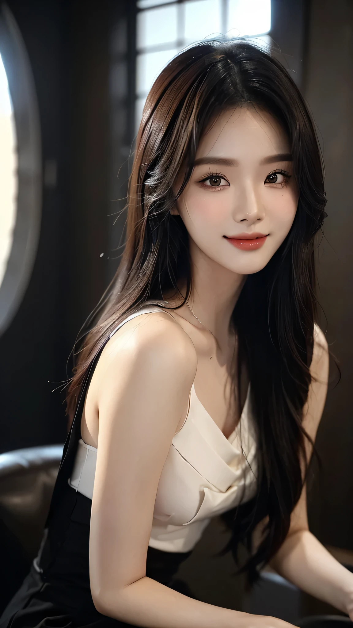 masterpiece、top-quality)、1 beautiful girl、((Wearing black sunglasses )), (Detailed beautiful eyes), ((Detailed skin)) , ((Detailed medium hair)), inside the black villa、((Boyish Brown Medium Hair))、((Smaller face))、((Neutral face))、((Face seen from the side))、((Light brown eyes))、((Korean Girl))、((18year old))、((cool lady))、((A shy smile on his face))、((Korean Makeup))、((elongated and sharp eyes))、((Happy dating))、((boyish))、((Shot from the same height as your face)、inside the black villa ), ((CG rendering)), ((Blurred background)), ((16K)), ((Very detailed)), ((wallpaper)), ((depth of field))