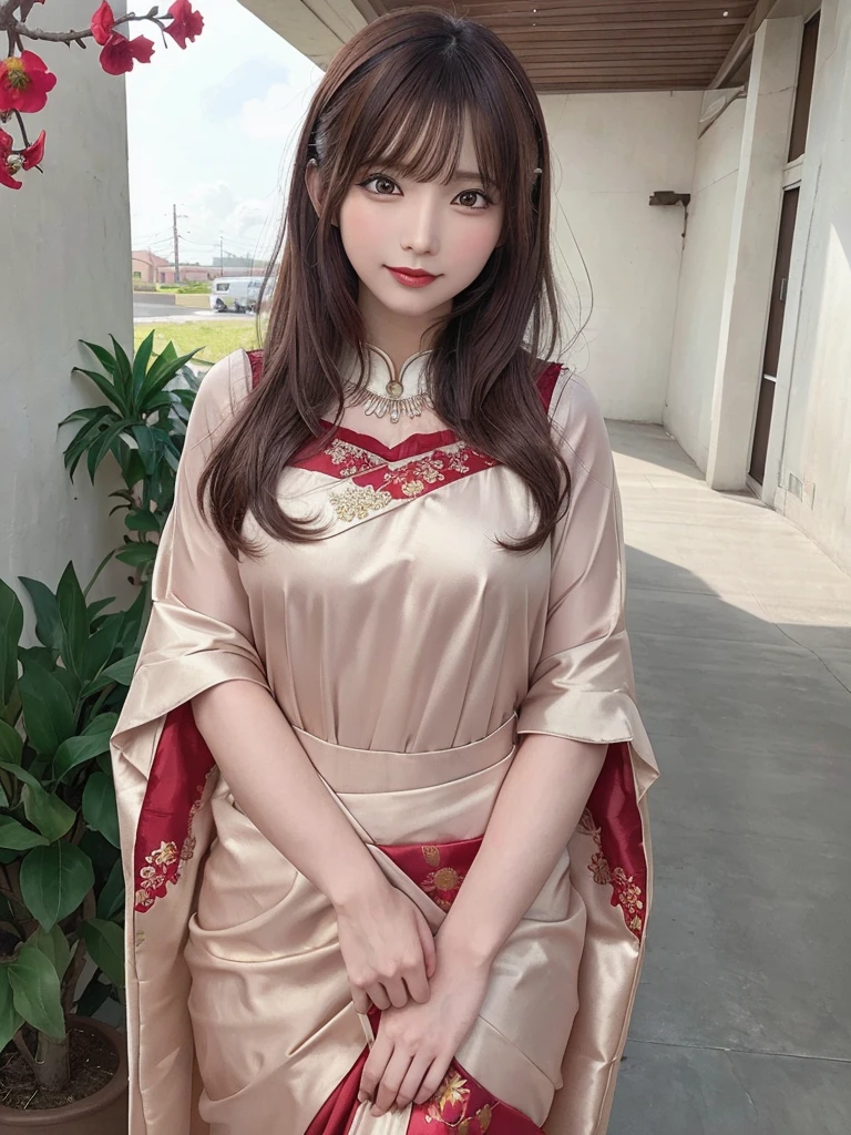 (masterpiece),(highest quality:1.0), (Ultra-high resolution:1.0), detailed illustration, 8k, anime, One girl, beautiful anime girl, Wearing a sari, ピンクのWearing a sari, Cute pose, smile, detailed face, Beautiful Eyes, detailed eyes, Red lips, Red lipstick, Brown Hair, Pink flower on ear, Hair highlights, Are standing, Red flowers blooming on the tree behind, Wide sky with clouds, detailed, Complex, anime style, highly detailed