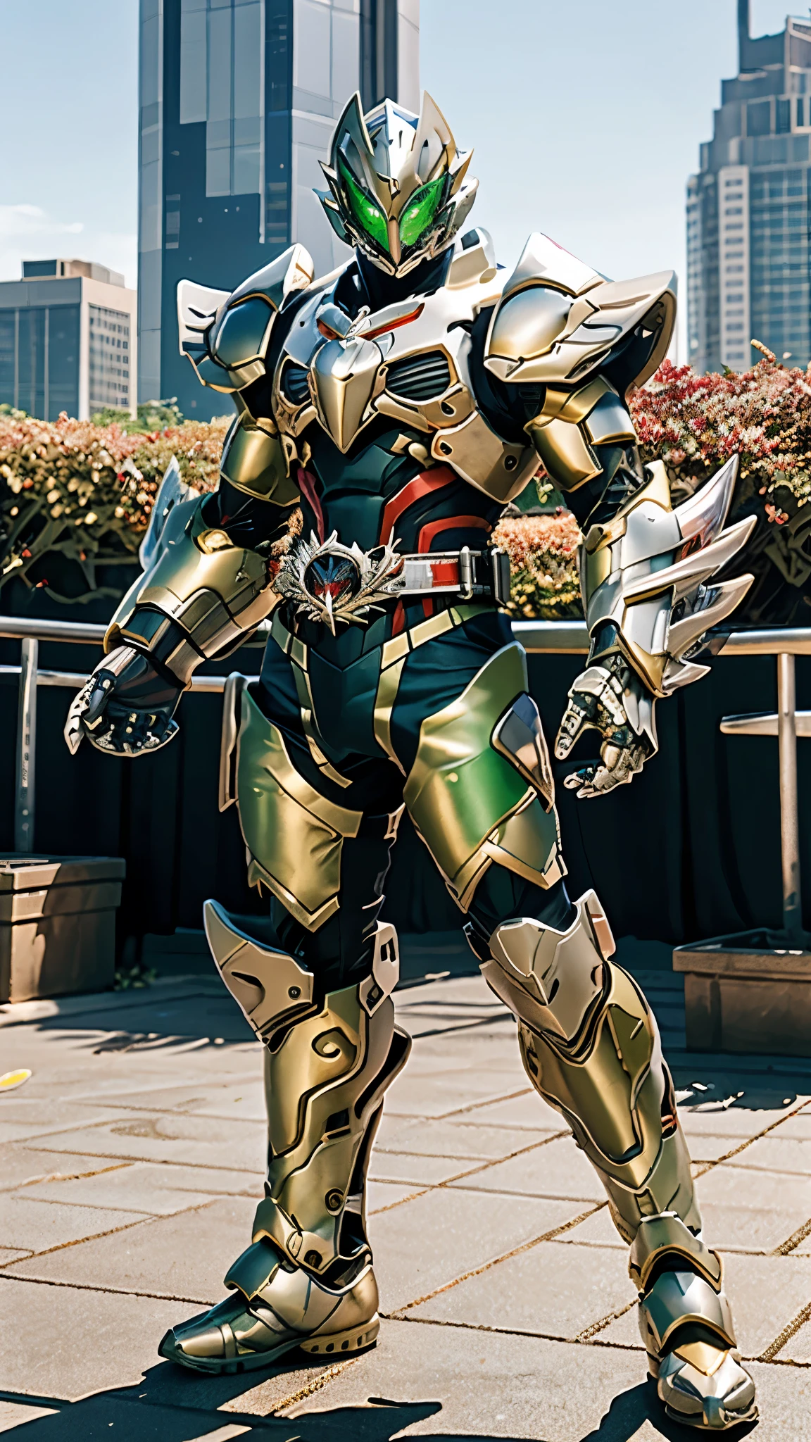 A man wearing a full-face helmet, a fantasy-style biotech armored combat suit, green eyes, (a composite layered chest armor), fully enclosed shoulder guards, matching arm and leg guards, the belt is adorned with fangs biting into gemstone, (the color scheme is primarily white with red and blue accents), the design balances heavy with agility, a high-tech bio-mecha armor, (Armor Concept Inspired by Wolf, stand on the top of a skyscraper in a futuristic sci-fi city), this character embodies a finely crafted fantasy-surreal style armored hero in anime style, exquisite and mature manga art style, (battle damage, element, plasma, energy, the armor glows), ((male:1.5)), metallic, real texture material, dramatic, high definition, best quality, highres, ultra-detailed, ultra-fine painting, extremely delicate, professional, perfect body proportions, golden ratio, anatomically correct, symmetrical face, extremely detailed eyes and face, high quality eyes, creativity, RAW photo, UHD, 32k, Natural light, cinematic lighting, masterpiece-anatomy-perfect, masterpiece:1.5