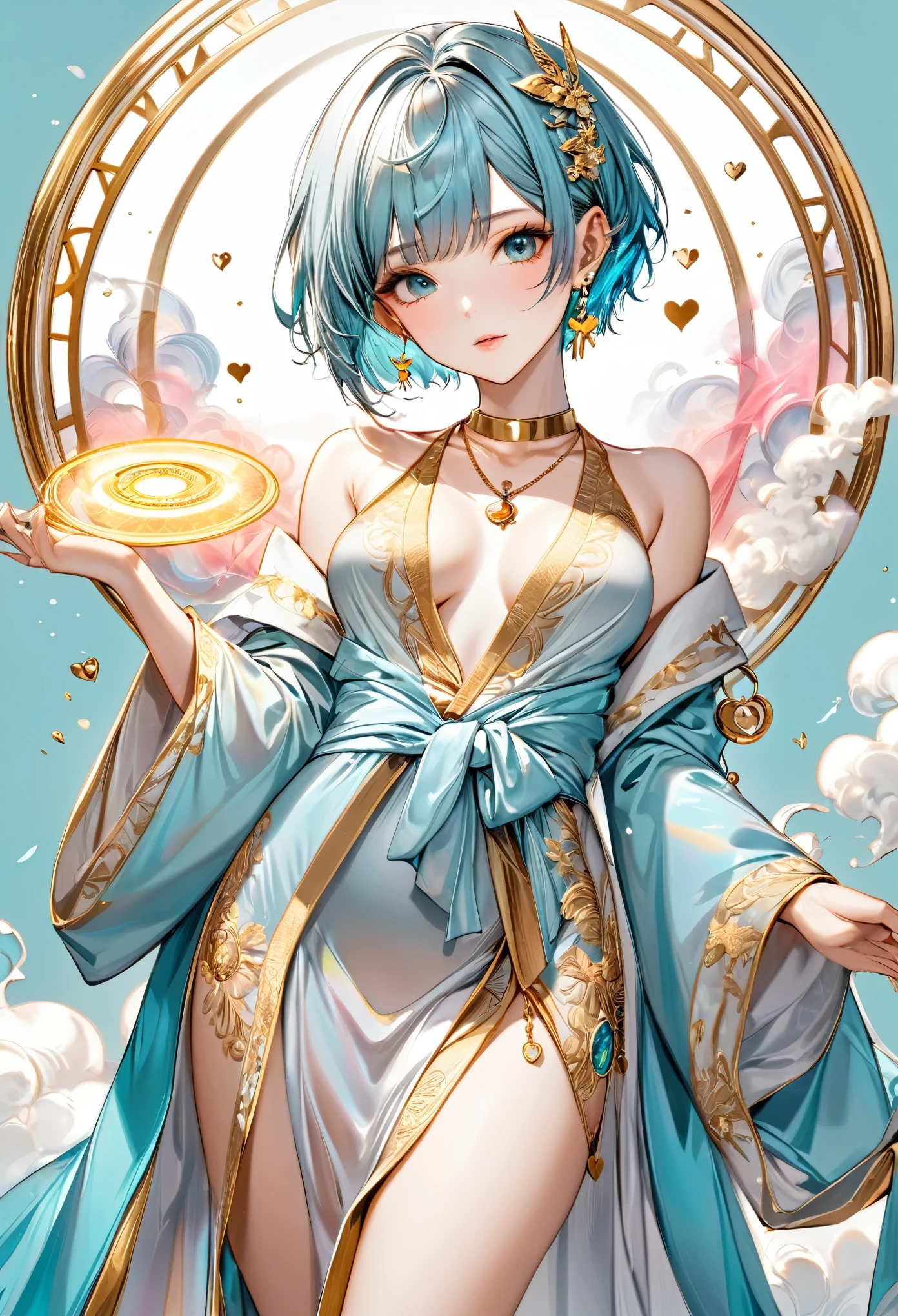 best quality, super fine, 16k, incredibly absurdres, extremely detailed, delicate and dynamic, cool and beautiful pretty goddess of goddesses, captivating look, aroused expression, tiffany blue messy pixie cut, wearing large robe with gold embroidery that shows little skin, gold heart pendants, necklaces, earrings and accessories, superlative body proportion, red and silver plated iridescent magic circle, background pastel colored smoke