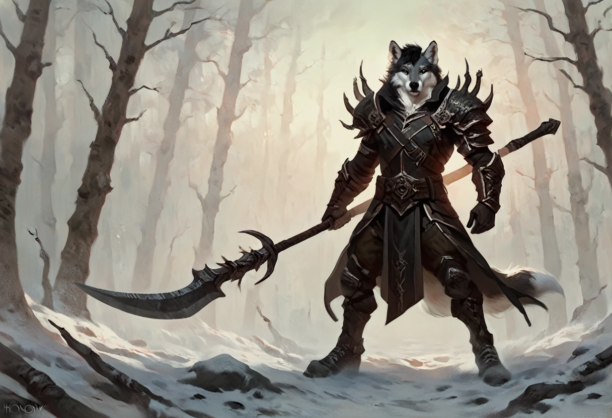 male white furred wolf, concept art, grey eyes, short black hair, standing, athletic, snowy forest, fantasy aesthetic, solo, dark ambience, lusty face, by honovy, mercenary outfit, battleaxe