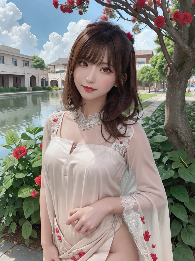 (masterpiece),(highest quality:1.0), (Ultra-high resolution:1.0), detailed illustration, 8k, anime, One girl, beautiful anime girl, Wearing a sari, ピンクのWearing a sari, Cute pose, smile, detailed face, Beautiful Eyes,  detailed eyes, Red lips, Red lipstick, Brown Hair, Pink flower on ear, Hair highlights, Are standing, Red flowers blooming on the tree behind, Wide sky with clouds, detailed, Complex, anime style, highly detailed