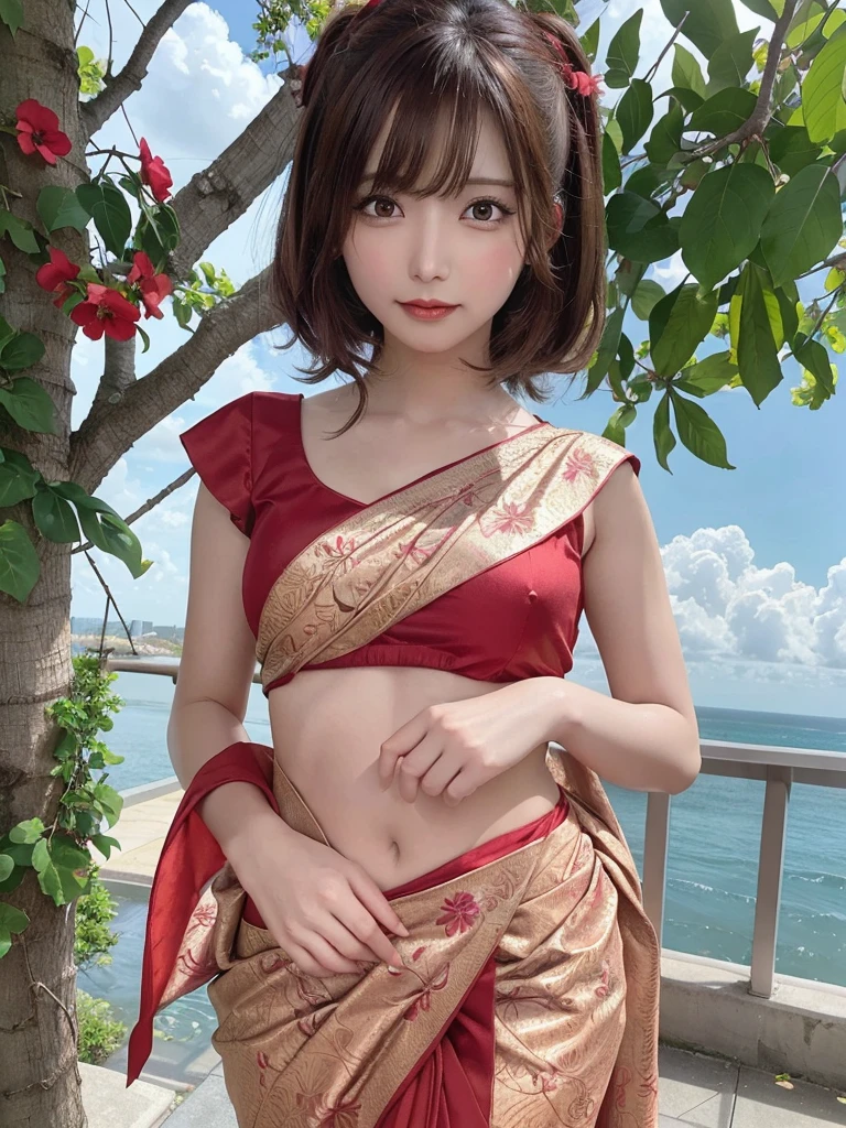 (masterpiece),(highest quality:1.0), (Ultra-high resolution:1.0), detailed illustration, 8k, anime, One girl, beautiful anime girl, Wearing a sari, ピンクのWearing a sari, Cute pose, smile, detailed face, Beautiful Eyes, detailed eyes, Red lips, Red lipstick, Brown Hair, Pink flower on ear, Hair highlights, Are standing, Red flowers blooming on the tree behind, Wide sky with clouds, detailed, Complex, anime style, highly detailed