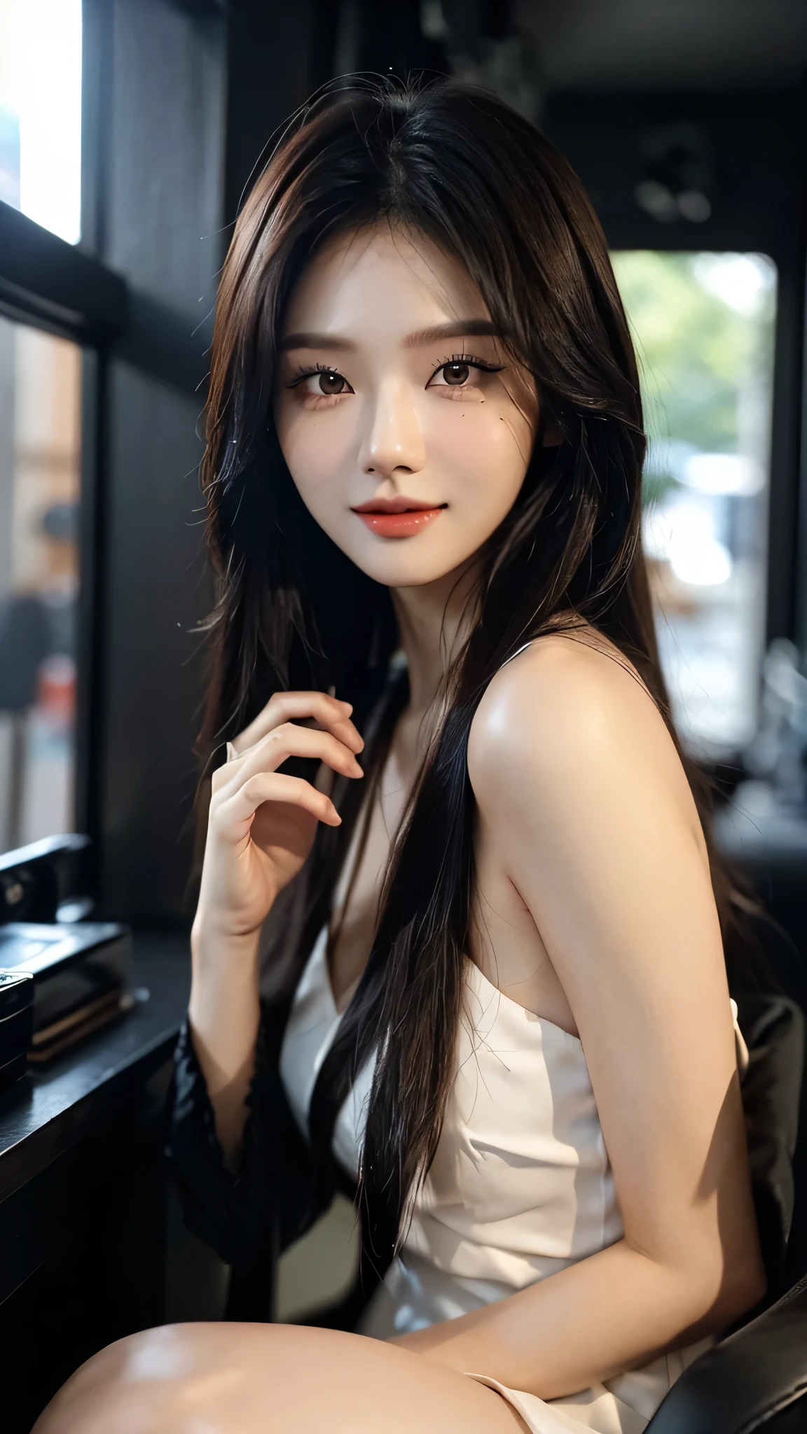 masterpiece、top-quality)、1 beautiful girl、((Wearing black sunglasses )), (Detailed beautiful eyes), ((Detailed skin)) , ((Detailed medium hair)), inside the black villa、((Boyish Brown Medium Hair))、((Smaller face))、((Neutral face))、((Face seen from the side))、((Light brown eyes))、((Korean Girl))、((18year old))、((cool lady))、((A shy smile on his face))、((Korean Makeup))、((elongated and sharp eyes))、((Happy dating))、((boyish))、((Shot from the same height as your face)、inside the black villa ), ((CG rendering)), ((Blurred background)), ((16K)), ((Very detailed)), ((wallpaper)), ((depth of field))