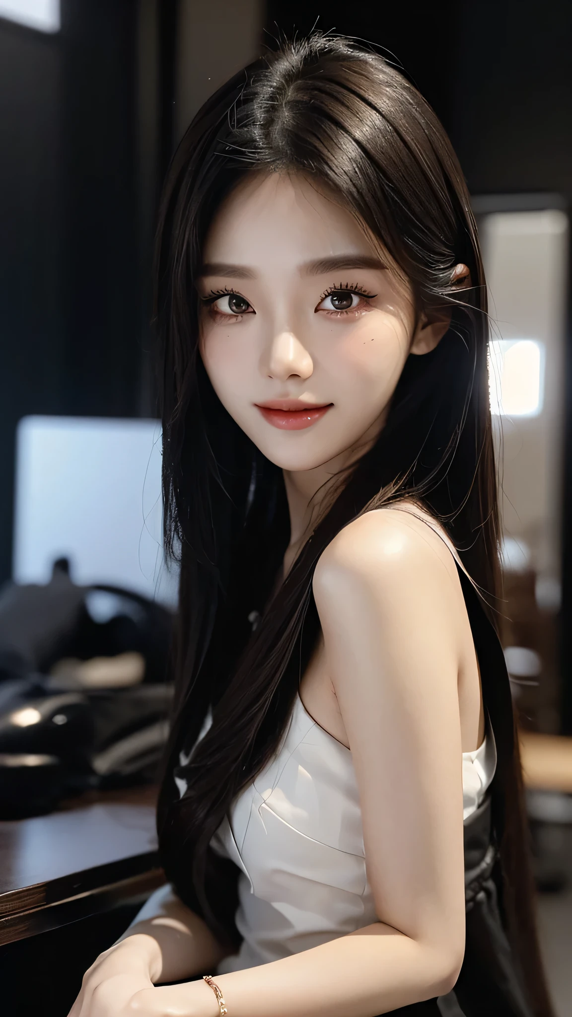 masterpiece、top-quality)、1 beautiful girl、((Wearing black sunglasses )), (Detailed beautiful eyes), ((Detailed skin)) , ((Detailed medium hair)), inside the black villa、((Boyish Brown Medium Hair))、((Smaller face))、((Neutral face))、((Face seen from the side))、((Light brown eyes))、((Korean Girl))、((18year old))、((cool lady))、((A shy smile on his face))、((Korean Makeup))、((elongated and sharp eyes))、((Happy dating))、((boyish))、((Shot from the same height as your face)、inside the black villa ), ((CG rendering)), ((Blurred background)), ((16K)), ((Very detailed)), ((wallpaper)), ((depth of field))