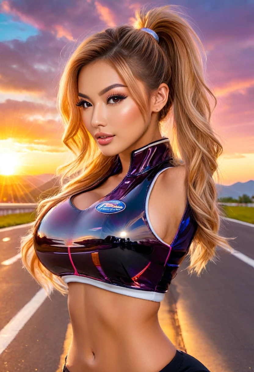 A young woman wearing (Tight, fit, comfortable) 高腰短裤and短款衬衫站在两者之间 (powerful, Smooth) Muscle car starts racing, The engine roared, With a gorgeous sunset as the background. (best quality, 4k, high resolution, masterpiece:1.2), Very detailed, (actual, photoactual, photo-actual:1.37) Quickly, and (HDR, Ultra high quality) 质量and (Studio Lighting, Be focused), High Ponytail, Copper blonde, Large Breasts, Bright Light, Perfect eyes, Skin blemishes, Delicate skin, National, Black light makeup,Both 1

