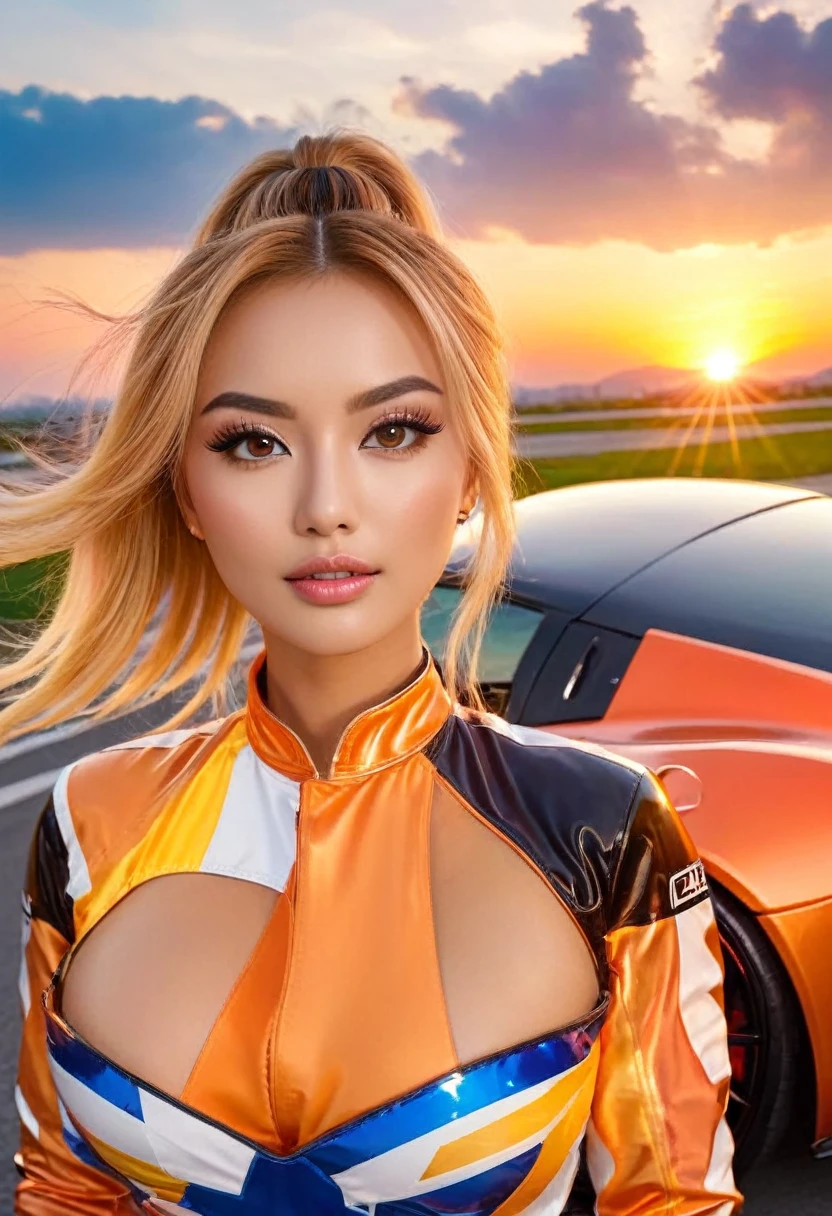 A young woman wearing (Tight, fit, comfortable) 高腰短裤and短款衬衫站在两者之间 (powerful, Smooth) Muscle car starts racing, The engine roared, With a gorgeous sunset as the background. (best quality, 4k, high resolution, masterpiece:1.2), Very detailed, (actual, photoactual, photo-actual:1.37) Quickly, and (HDR, Ultra high quality) 质量and (Studio Lighting, Be focused), High Ponytail, Copper blonde, Large , Bright Light, Perfect eyes, Skin blemishes, Delicate skin, National, Black light makeup,Both 1