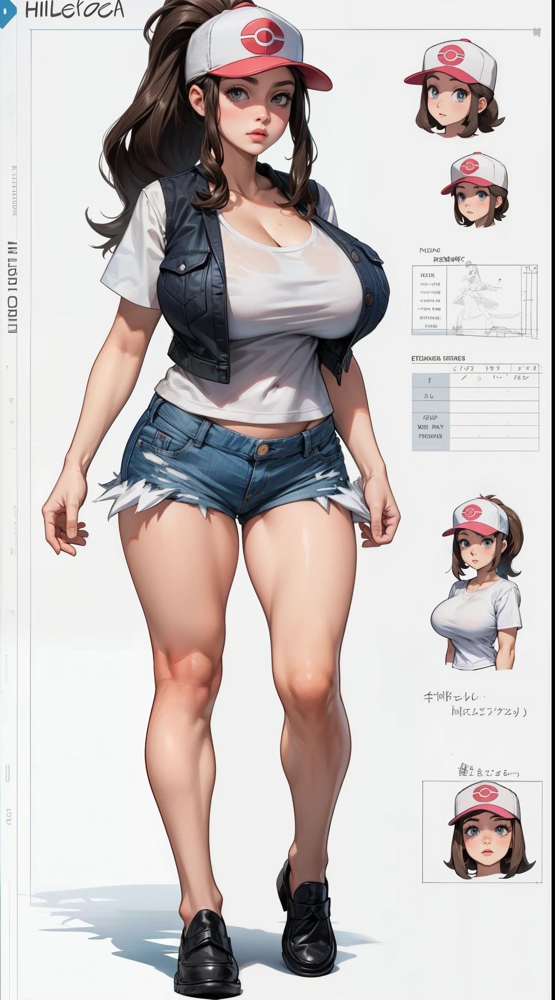 girl, solo, full body, from head to toe, standing, (Huge_Breasts:1.3),

Character Design Sheet, character reference sheet, solo,

Hilda pokemon, long hair, ponytail, white shirt, black vest, denim shorts, loafers, baseball cap