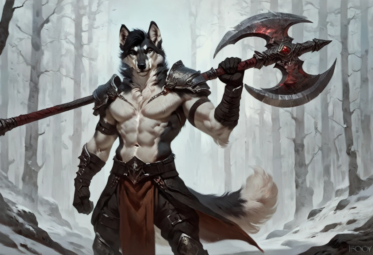 male white furred wolf, concept art, grey eyes, short black hair, standing, athletic, snowy forest, fantasy aesthetic, solo, dark ambience, lusty face, by honovy, mercenary outfit, battleaxe, topless