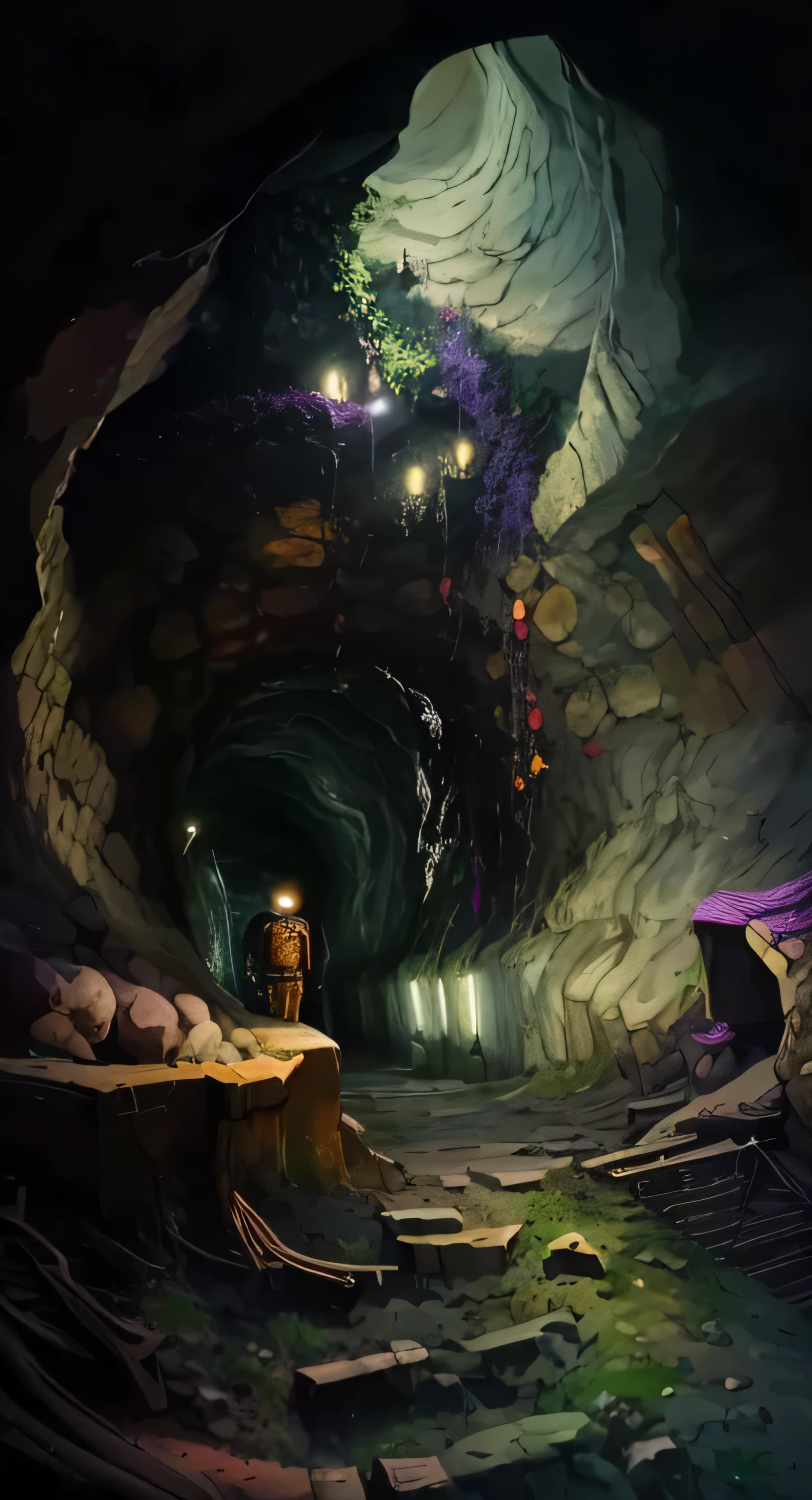 ((best quality)), ((masterpiece)), (detailed), Hidden entrance to an underground mine，There is a tunnel system within the mine，It&#39;s filled with impressive rock formations and bioluminescent lighting，Occasionally there are rubies (fantasy illustrations:1.3), Mysterious Light, (Jordan Grimmer:1.2), (Andrew Harrington:1.1), moonlight, Soft colors, (detailed landscape:1.3), (High resolution:1.2) - car