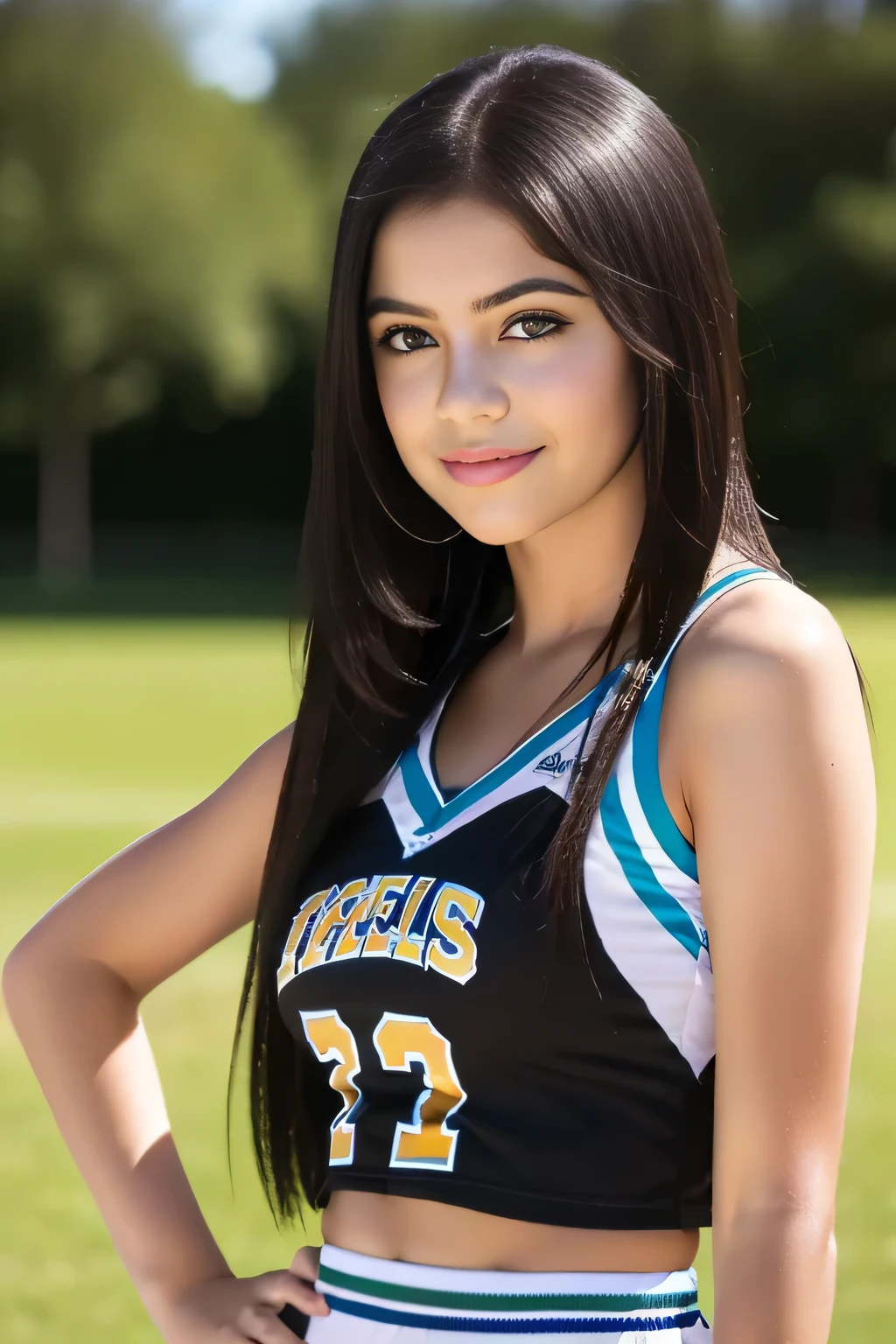 Latin girl. Dark hair. Straight hair. Dark Eyes. Teen. Young adult. Pretty. Popular. Outgoing. Cheerleader. Thin eyebrows.