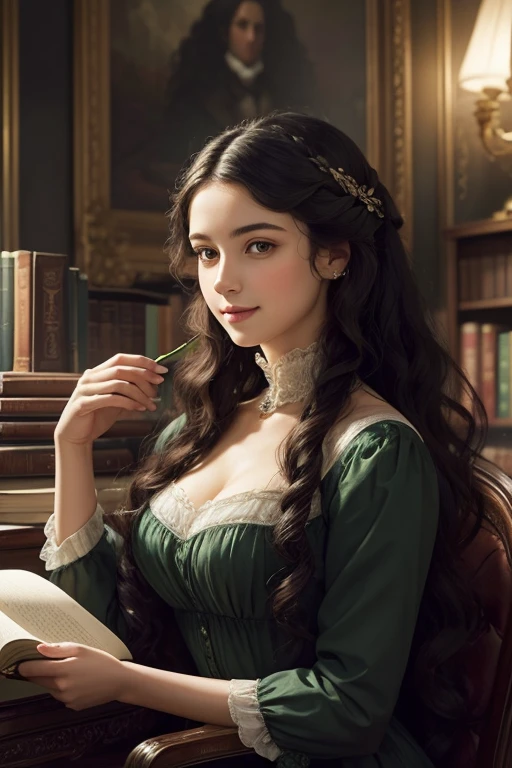 oil painting,in a dim library, a rich Victorian setting, a relaxed young woman with long black curly hair, a Victorian era hairstyle, in a rich mint dress that emphasizes her figure, a slight smile