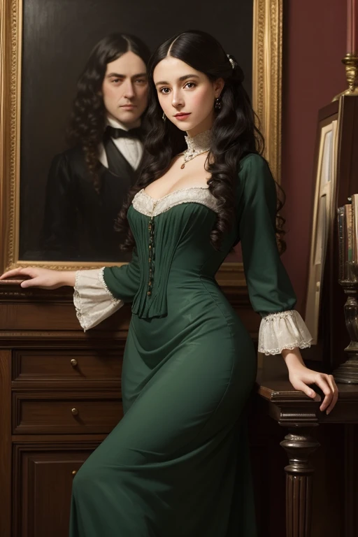 oil painting,in a dim library, a rich Victorian setting, a relaxed young woman with long black curly hair, a Victorian era hairstyle, in a rich mint dress that emphasizes her figure, a slight smile